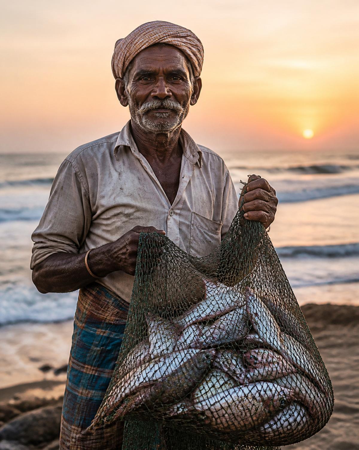 Traditional Kanyakumari fisherman with fresh catch